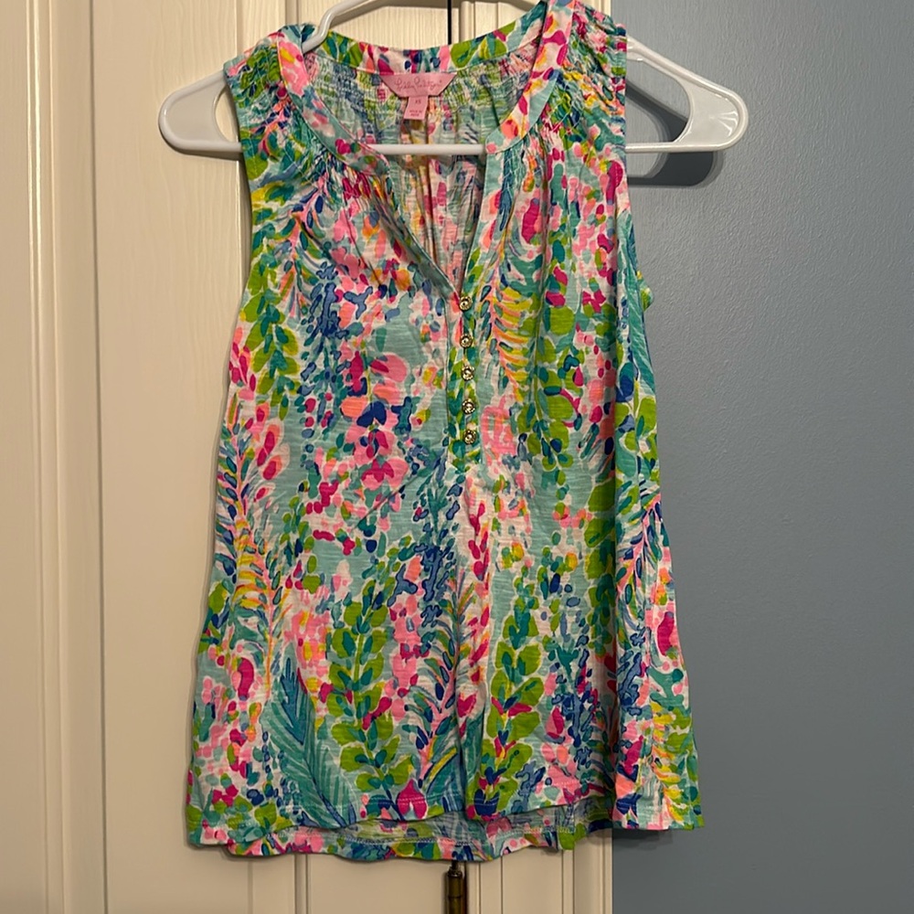 Lilly Pulitzer Cotton Sleeveless Blouse with Gold Buttons, Size XS